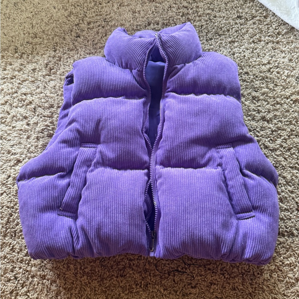 purple corduroy small sleeveless cropped puffer